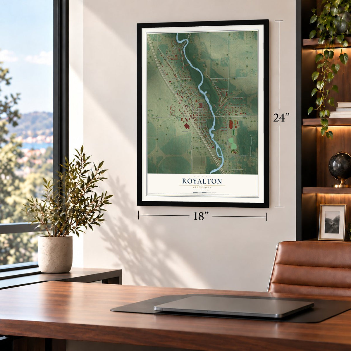 Royalton, Minnesota map, 18 x 24 inch print in a black frame in a home office