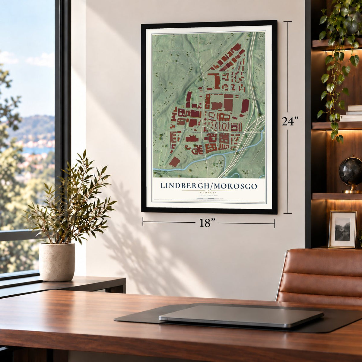 Lindbergh-Morosgo, Georgia map, 18 x 24 inch print in a black frame in a home office