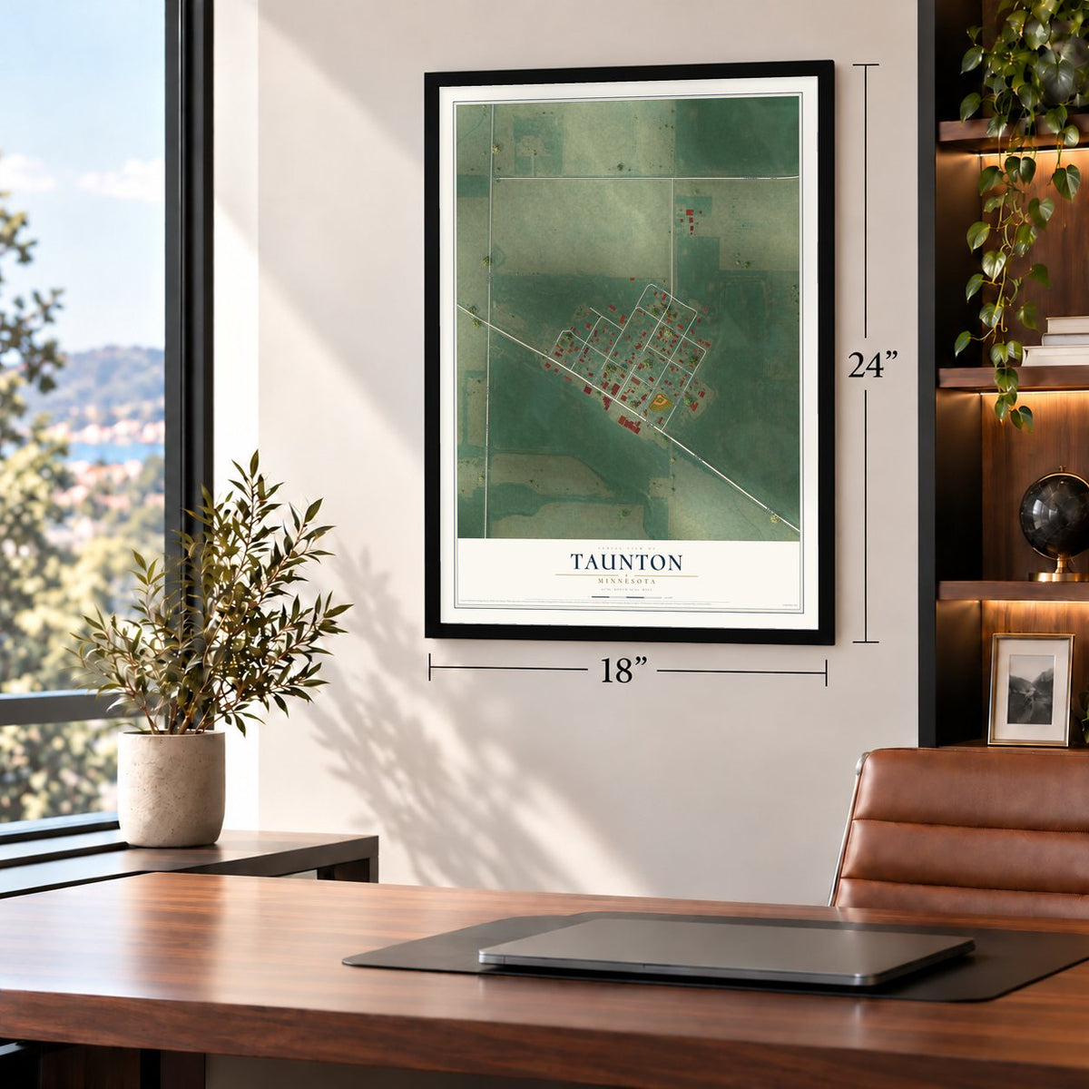 Taunton, Minnesota map, 18 x 24 inch print in a black frame in a home office