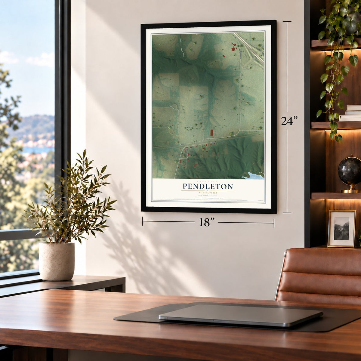 Pendleton, Missouri map, 18 x 24 inch print in a black frame in a home office