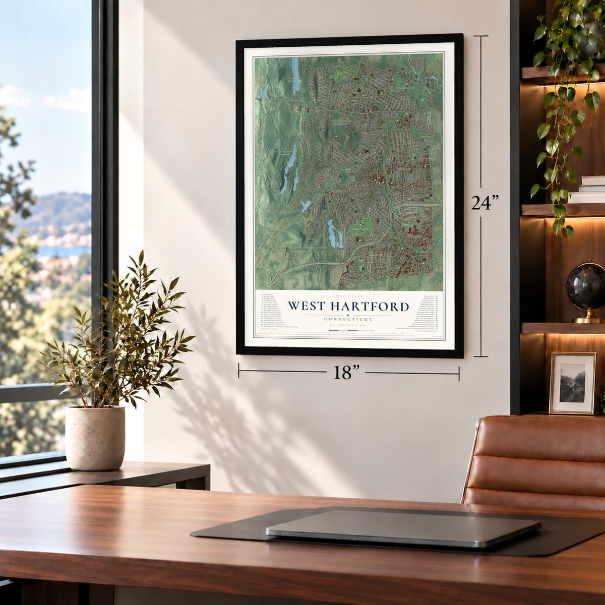 West Hartford, Connecticut map, 18 x 24 inch print in a black frame in a home office