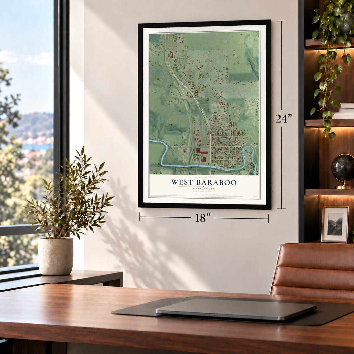 West Baraboo, Wisconsin map, 18 x 24 inch print in a black frame in a home office
