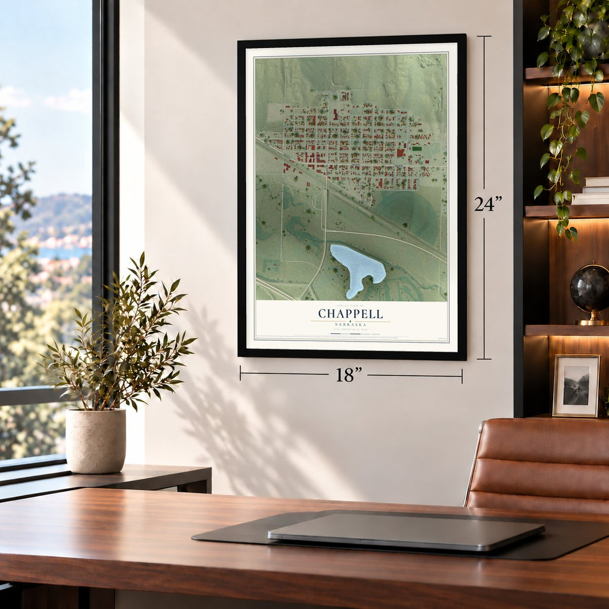 Chappell, Nebraska map, 18 x 24 inch print in a black frame in a home office