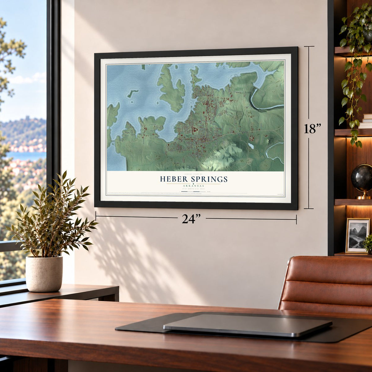 Heber Springs, Arkansas map, 18 x 24 inch print in a black frame in a home office