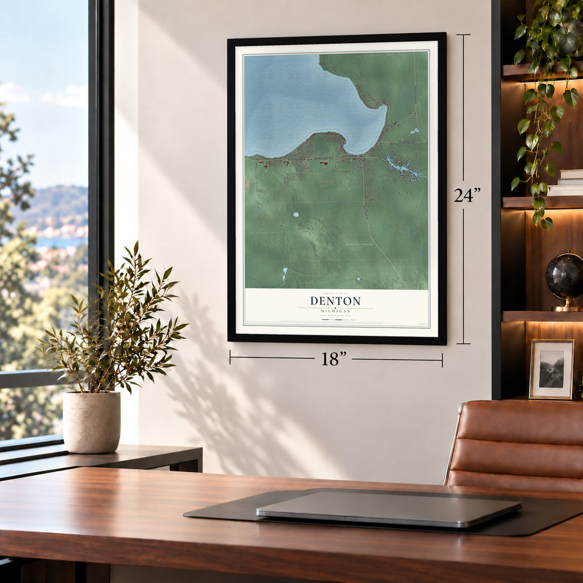 Denton, Michigan map, 18 x 24 inch print in a black frame in a home office