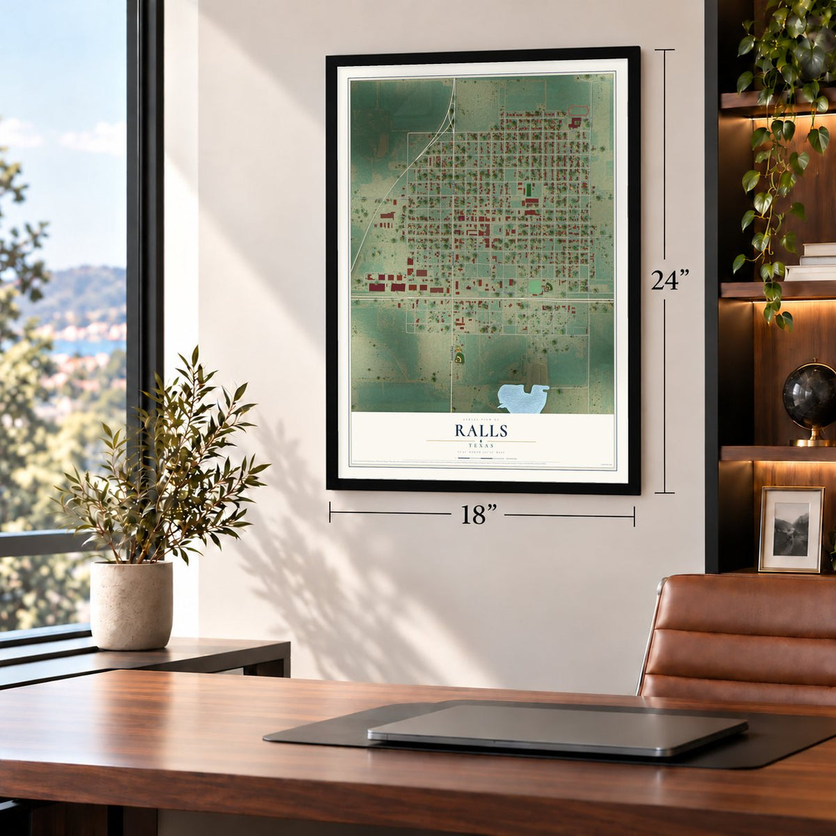 Ralls, Texas map, 18 x 24 inch print in a black frame in a home office