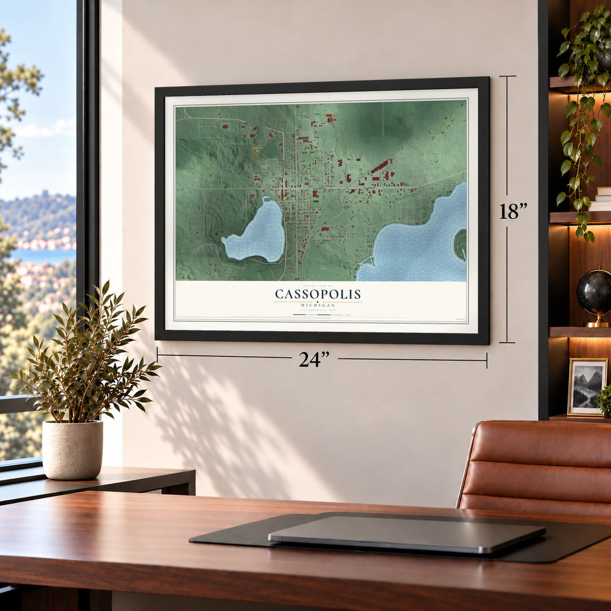 Cassopolis, Michigan map, 18 x 24 inch print in a black frame in a home office