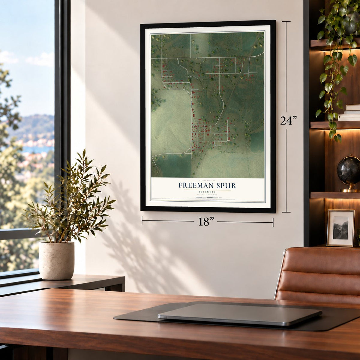 Freeman Spur, Illinois map, 18 x 24 inch print in a black frame in a home office