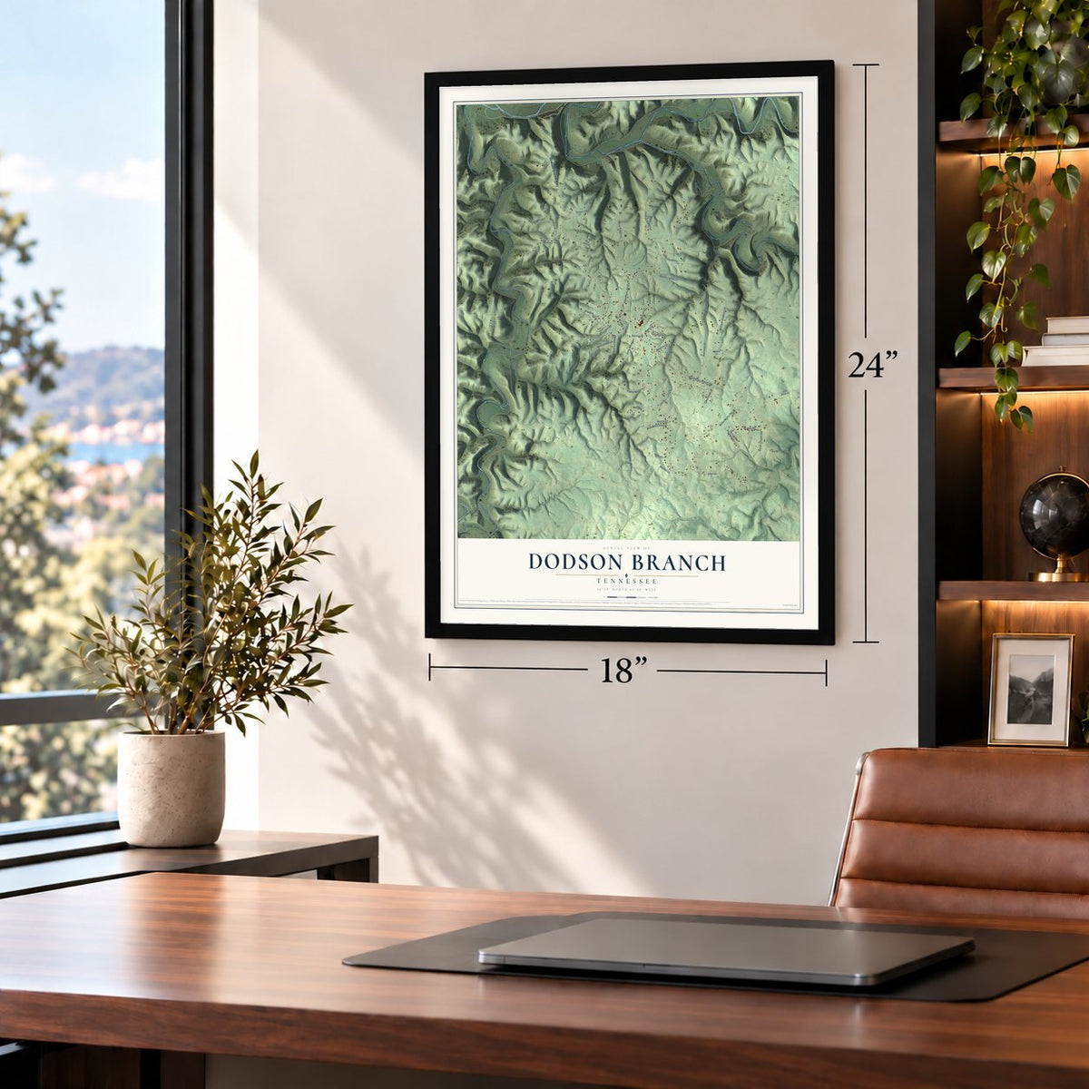 Dodson Branch, Tennessee map, 18 x 24 inch print in a black frame in a home office