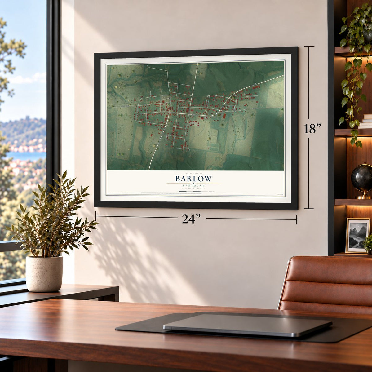 Barlow, Kentucky map, 18 x 24 inch print in a black frame in a home office