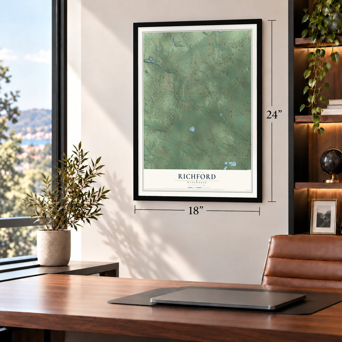 Richford, Wisconsin map, 18 x 24 inch print in a black frame in a home office