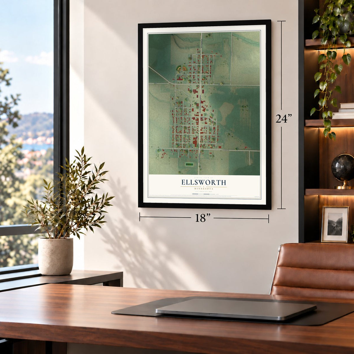 Ellsworth, Minnesota map, 18 x 24 inch print in a black frame in a home office