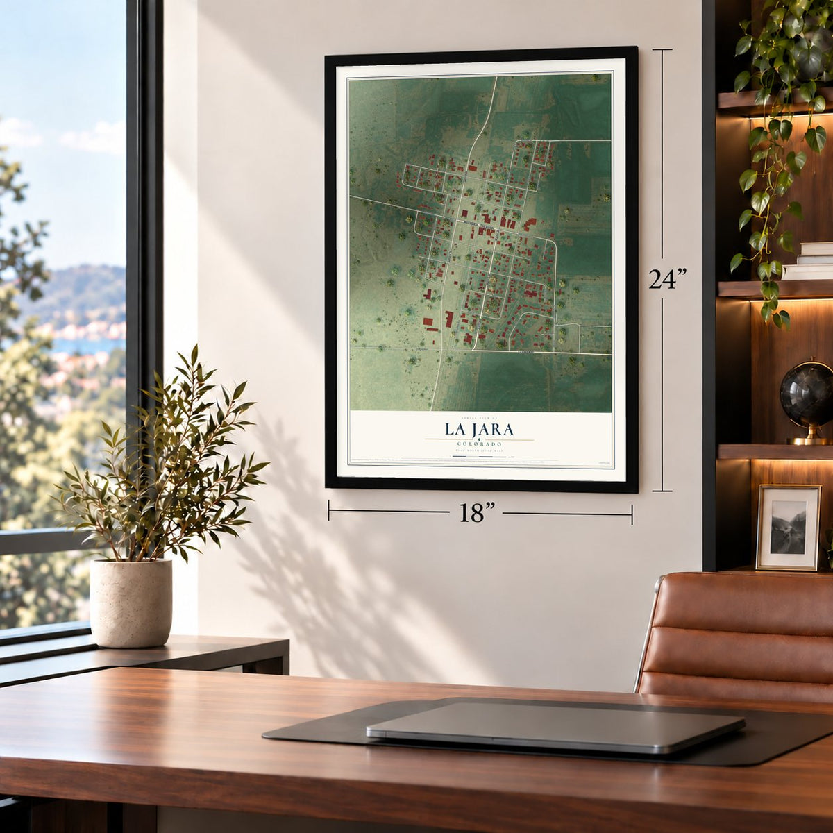 La Jara, Colorado map, 18 x 24 inch print in a black frame in a home office
