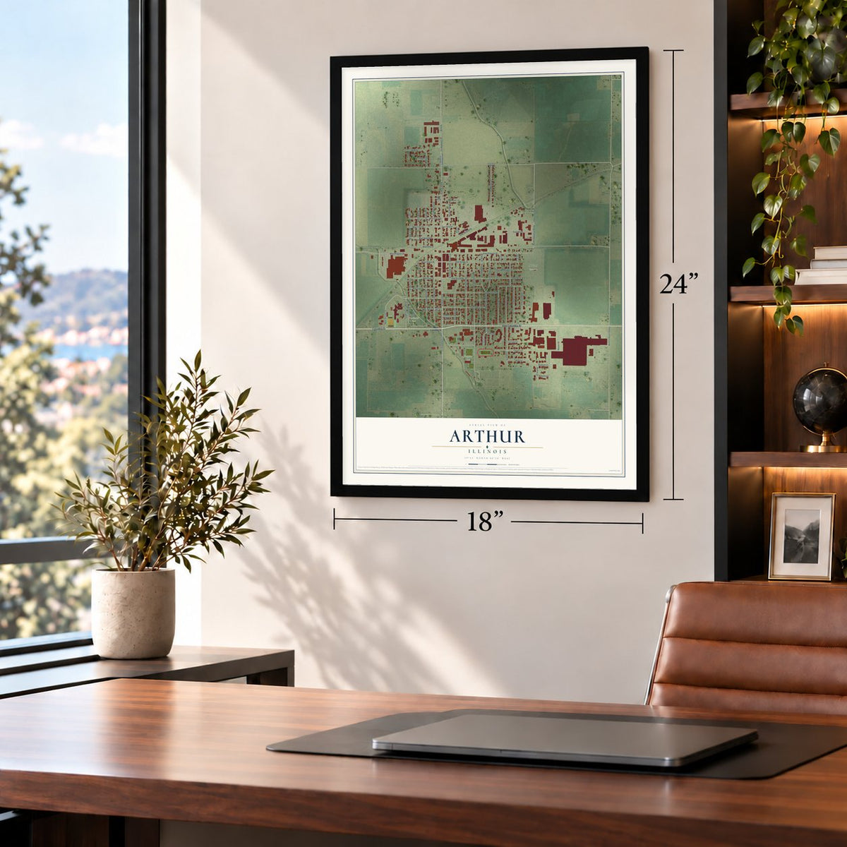 Arthur, Illinois map, 18 x 24 inch print in a black frame in a home office