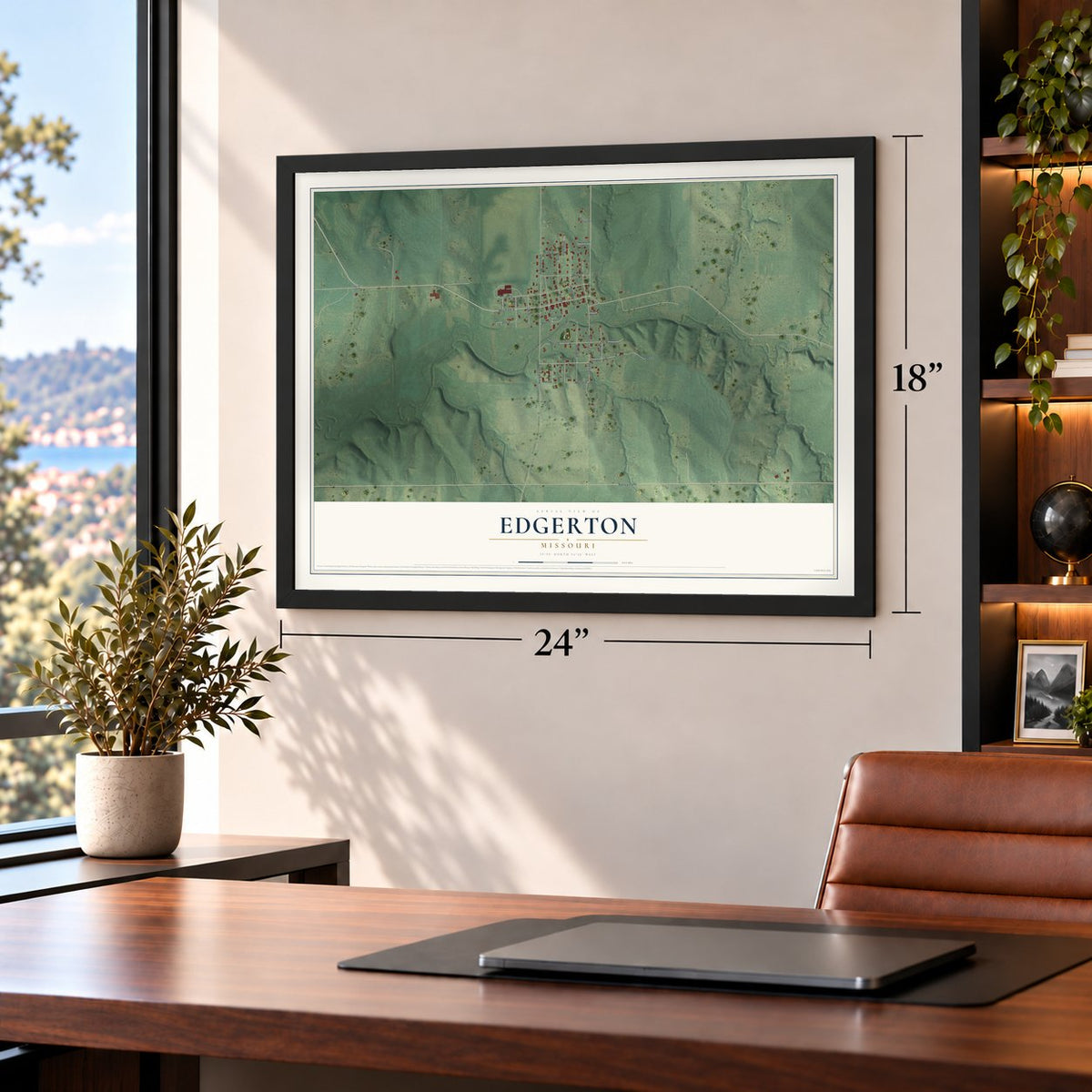 Edgerton, Missouri map, 18 x 24 inch print in a black frame in a home office