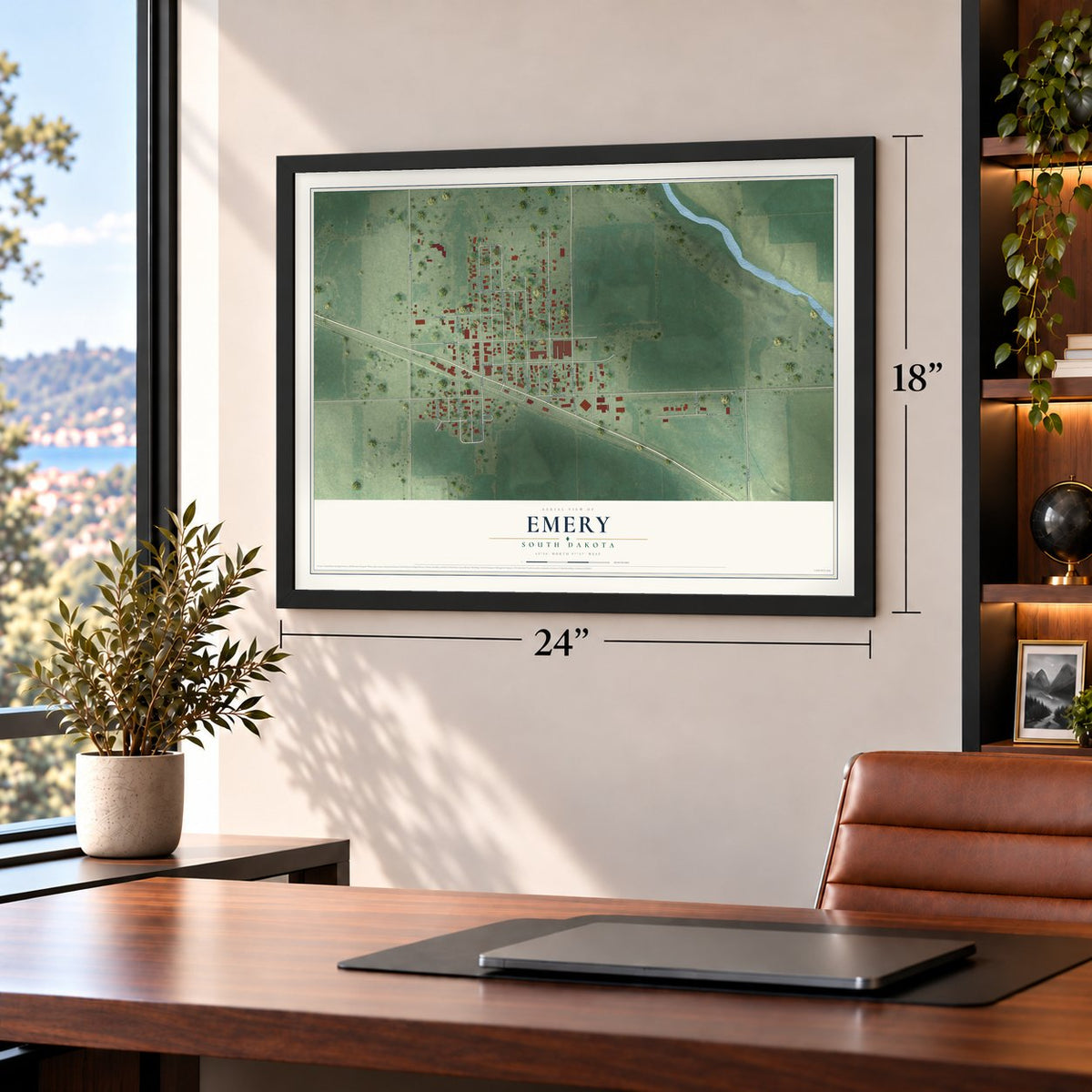Emery, South Dakota map, 18 x 24 inch print in a black frame in a home office