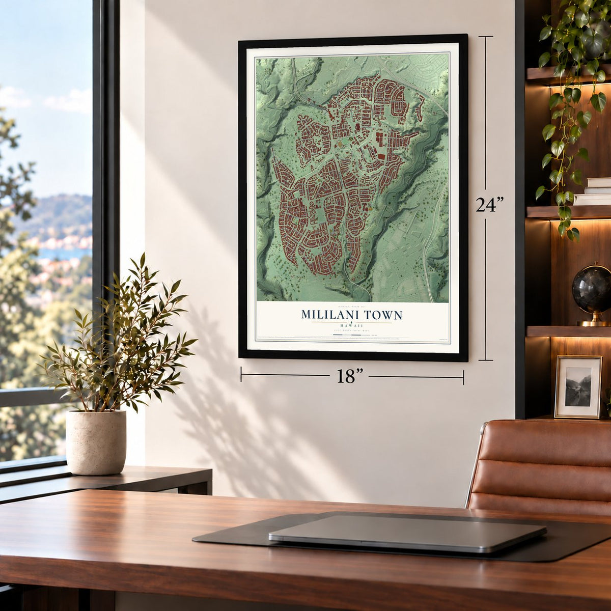 Mililani Town, Hawaii map, 18 x 24 inch print in a black frame in a home office