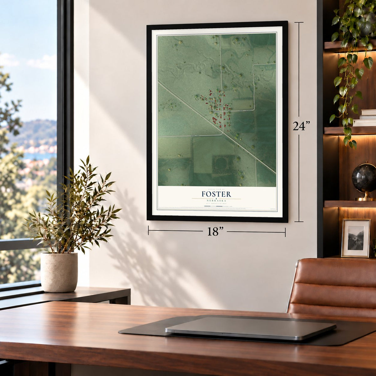 Foster, Nebraska map, 18 x 24 inch print in a black frame in a home office
