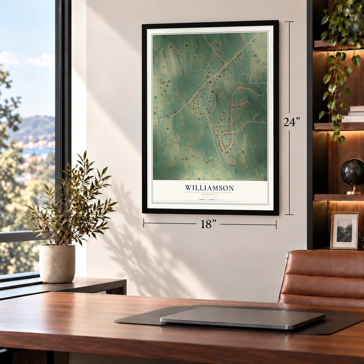 Williamson, Georgia map, 18 x 24 inch print in a black frame in a home office