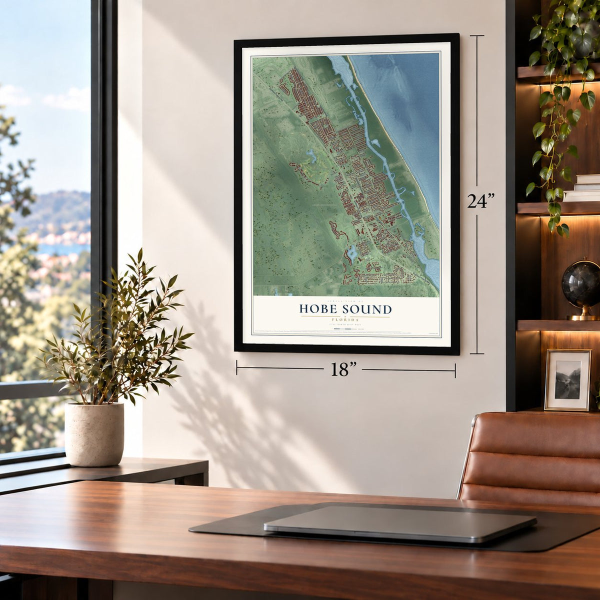 Hobe Sound, Florida map, 18 x 24 inch print in a black frame in a home office