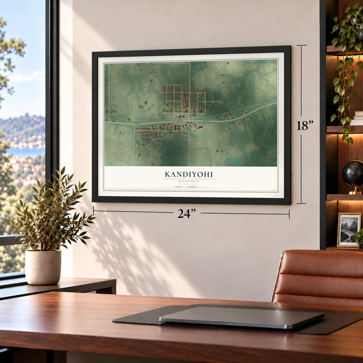 Kandiyohi, Minnesota map, 18 x 24 inch print in a black frame in a home office