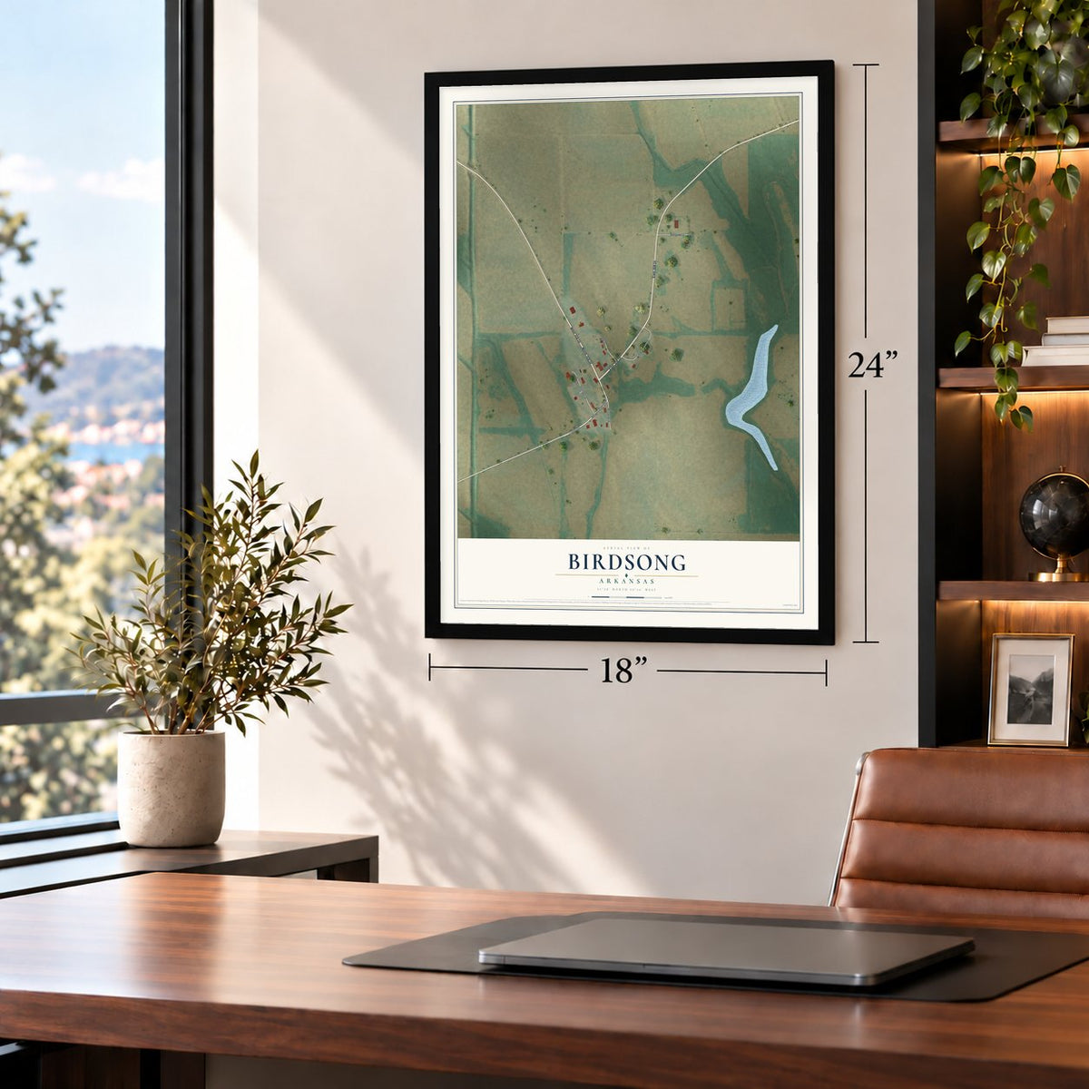 Birdsong, Arkansas map, 18 x 24 inch print in a black frame in a home office