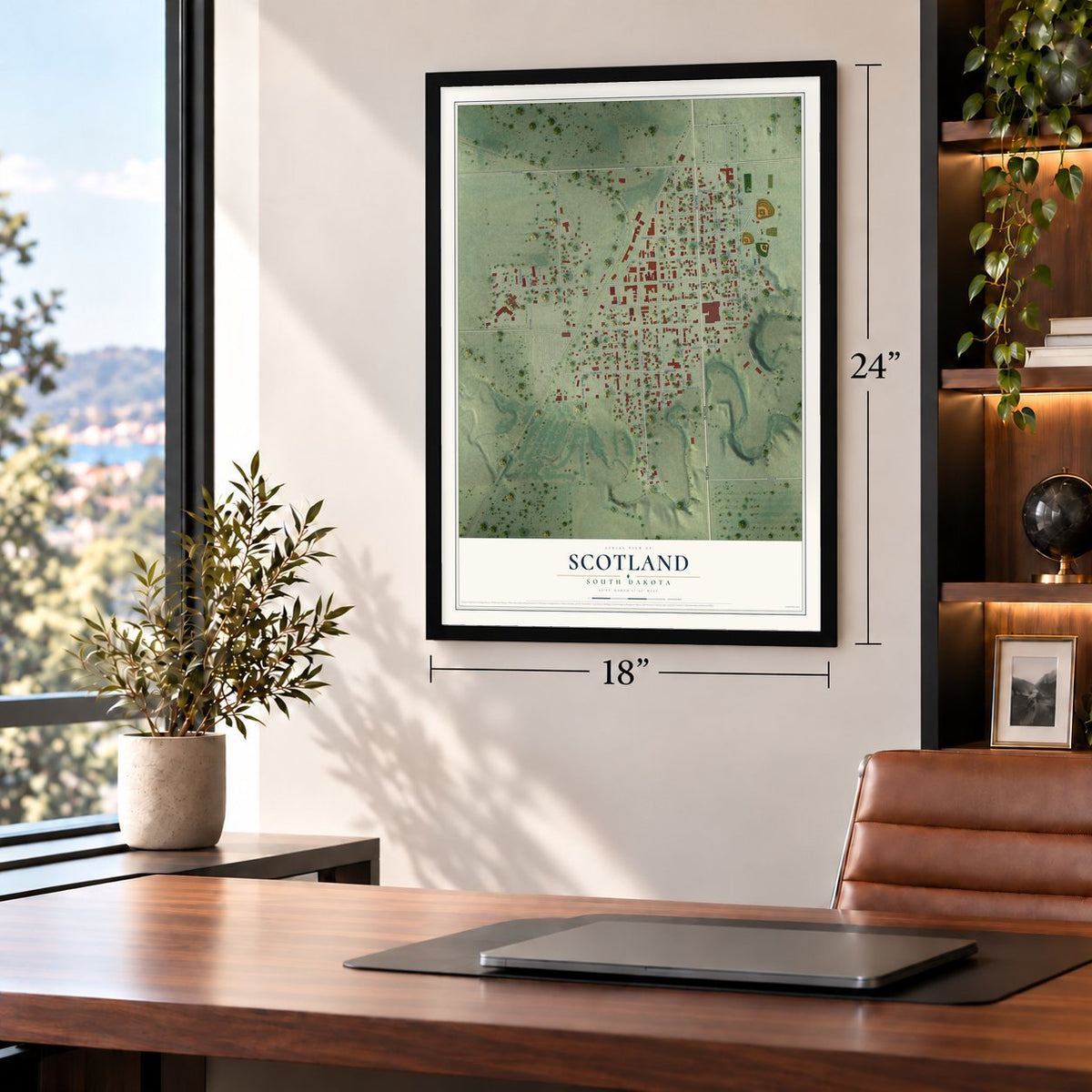 Scotland, South Dakota map, 18 x 24 inch print in a black frame in a home office