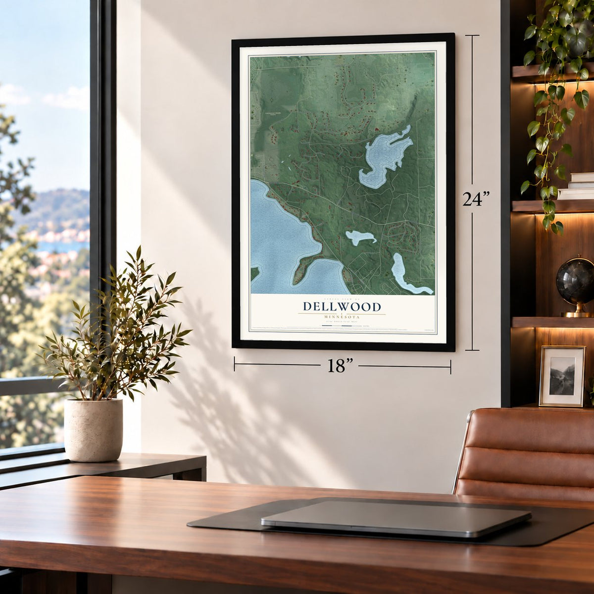 Dellwood, Minnesota map, 18 x 24 inch print in a black frame in a home office