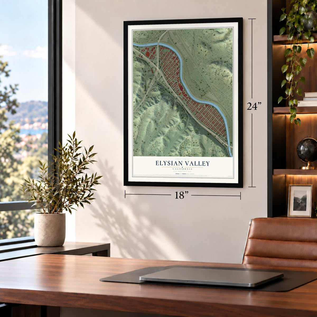 Elysian Valley, California map, 18 x 24 inch print in a black frame in a home office