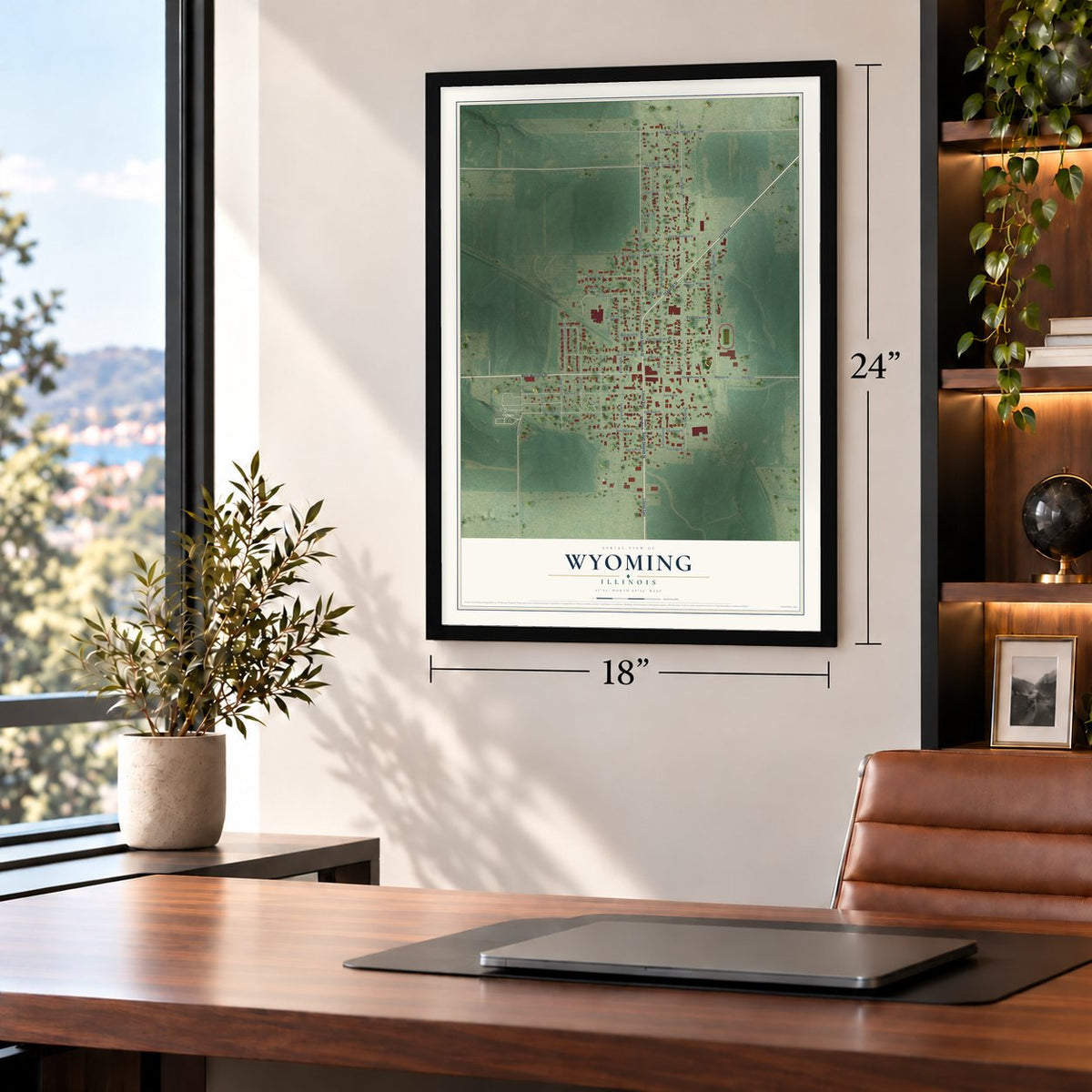 Wyoming, Illinois map, 18 x 24 inch print in a black frame in a home office