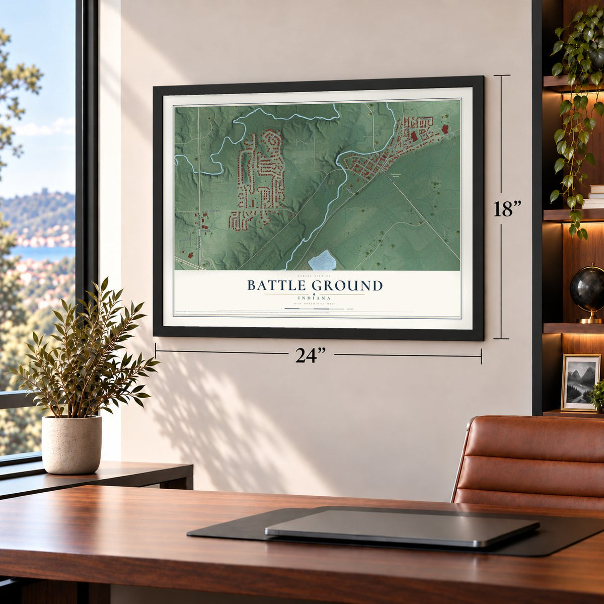 Battle Ground, Indiana map, 18 x 24 inch print in a black frame in a home office