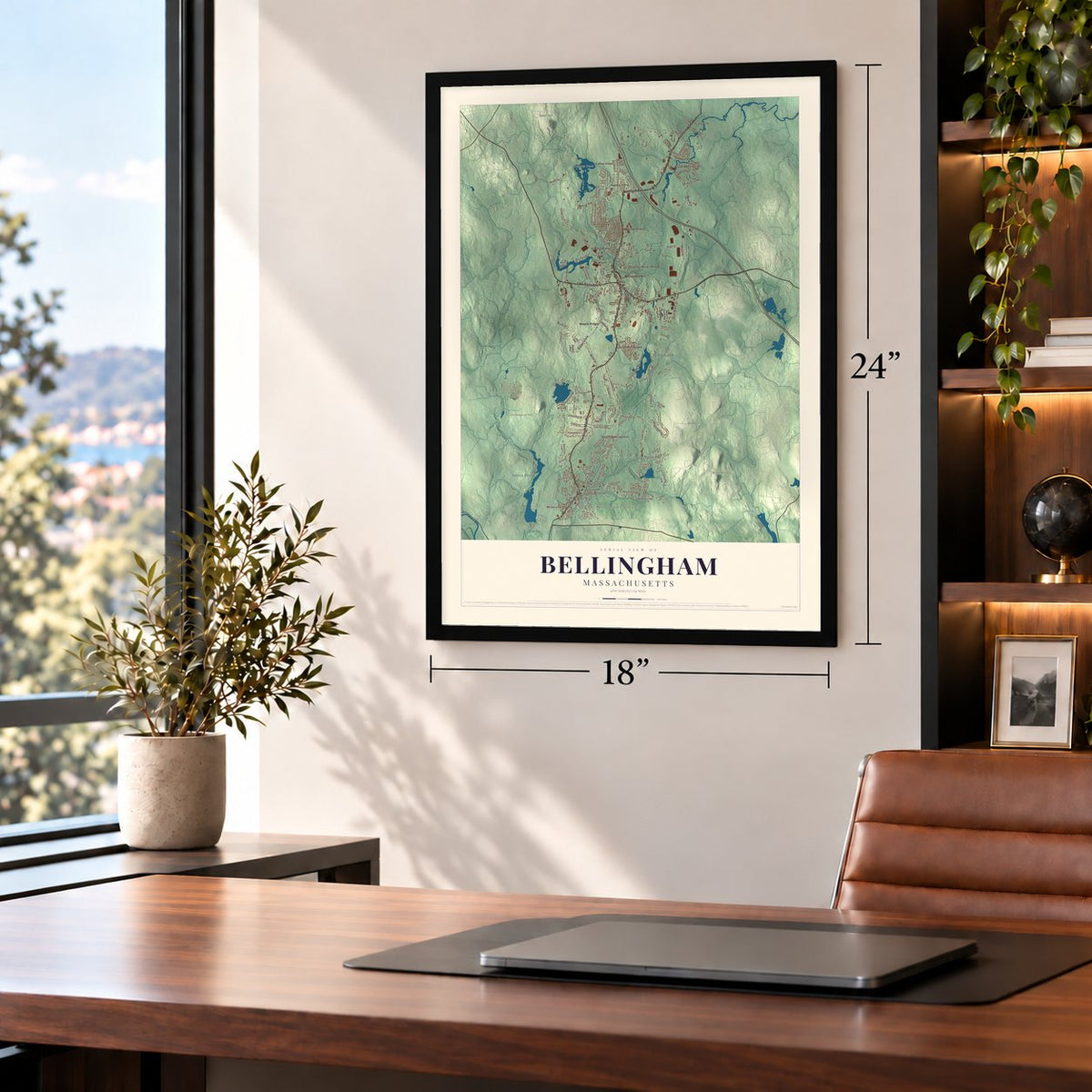 Bellingham, Massachusetts map, 18 x 24 inch print in a black frame in a home office