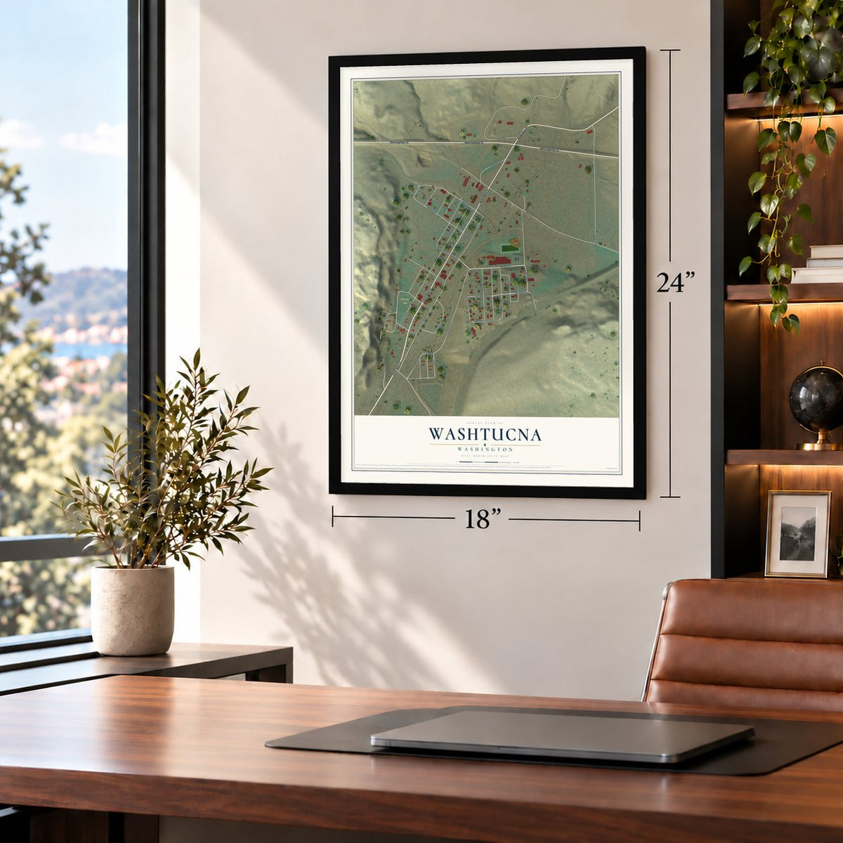 Washtucna, Washington map, 18 x 24 inch print in a black frame in a home office