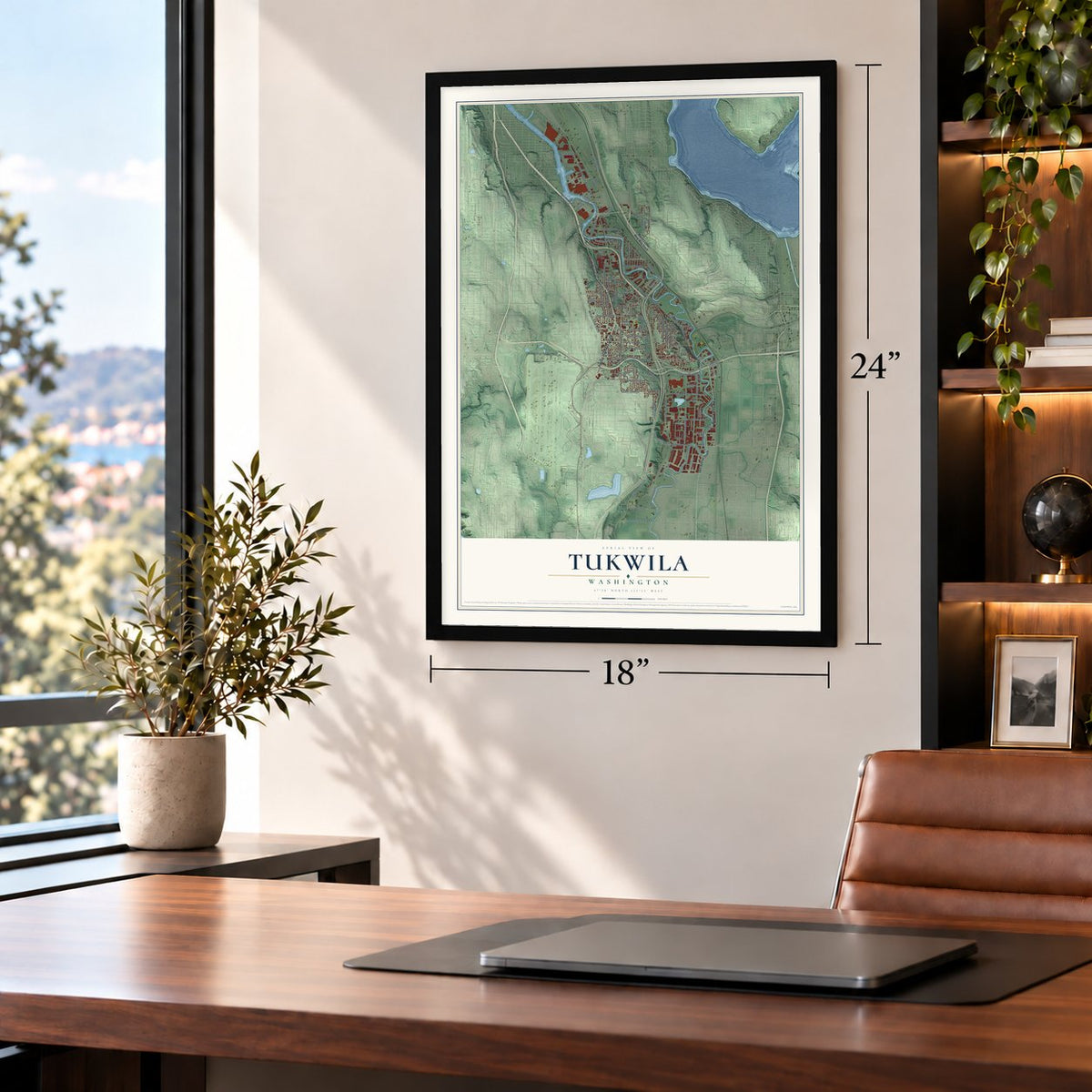 Tukwila, Washington map, 18 x 24 inch print in a black frame in a home office