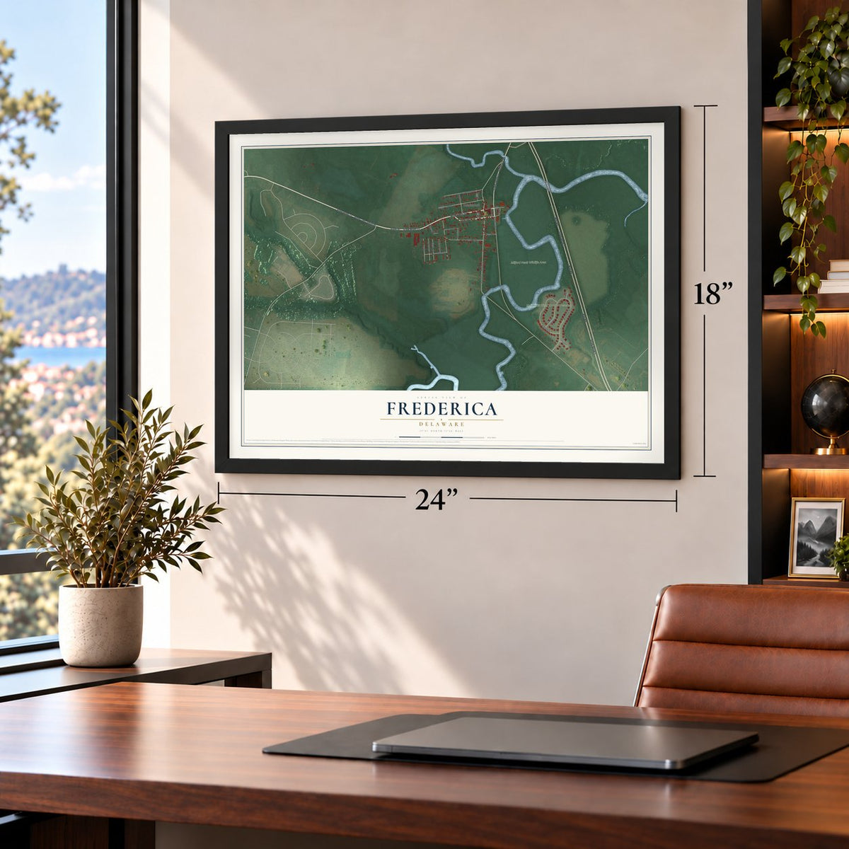 Frederica, Delaware map, 18 x 24 inch print in a black frame in a home office