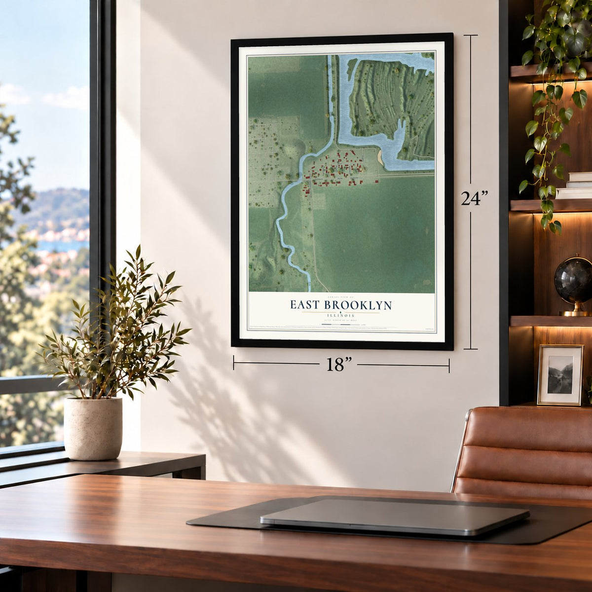 East Brooklyn, Illinois map, 18 x 24 inch print in a black frame in a home office
