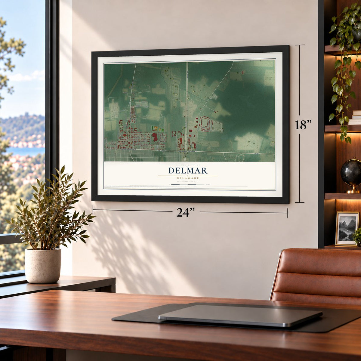 Delmar, Delaware map, 18 x 24 inch print in a black frame in a home office