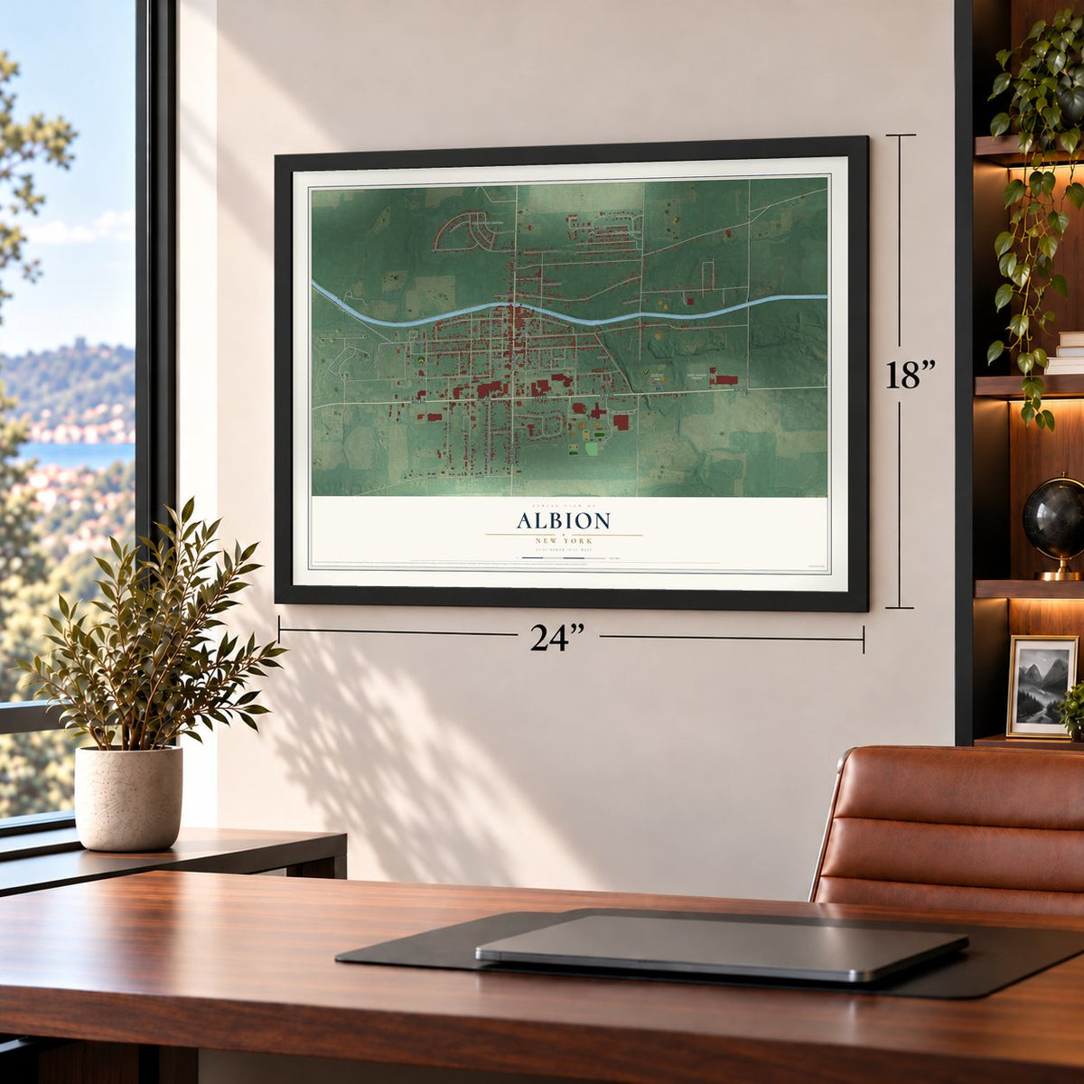 Albion, New York map, 18 x 24 inch print in a black frame in a home office