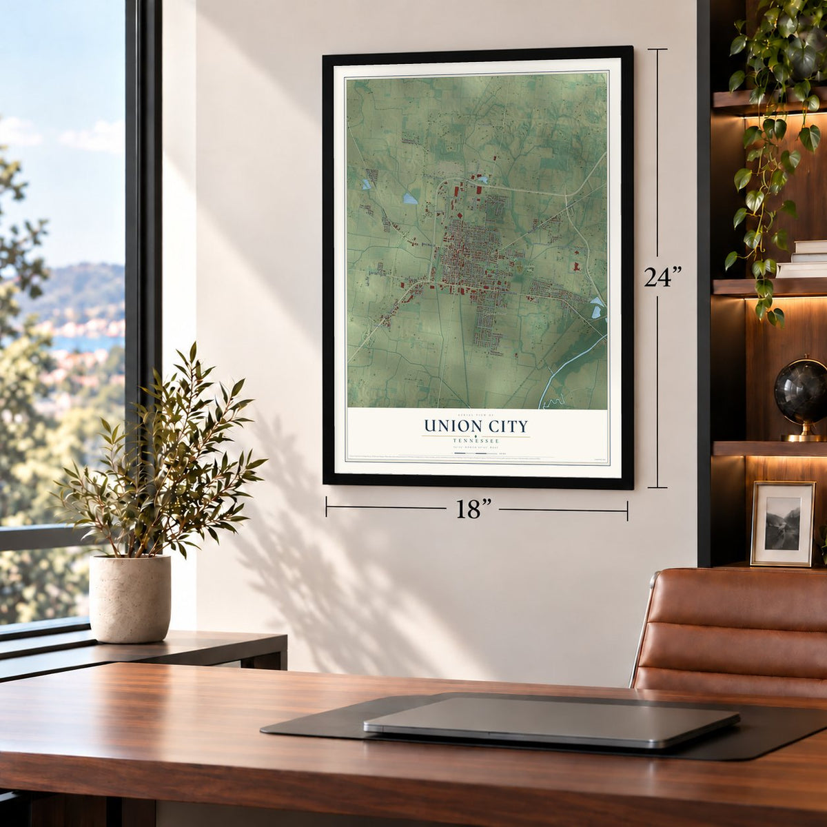 Union City, Tennessee map, 18 x 24 inch print in a black frame in a home office