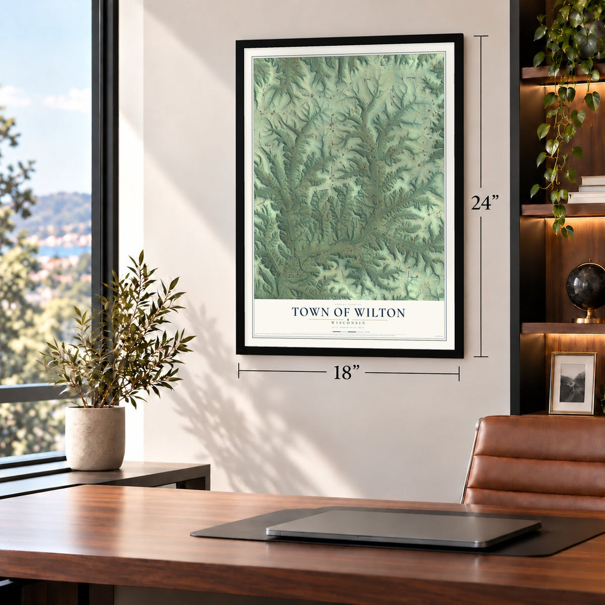 Town of Wilton, Wisconsin map, 18 x 24 inch print in a black frame in a home office