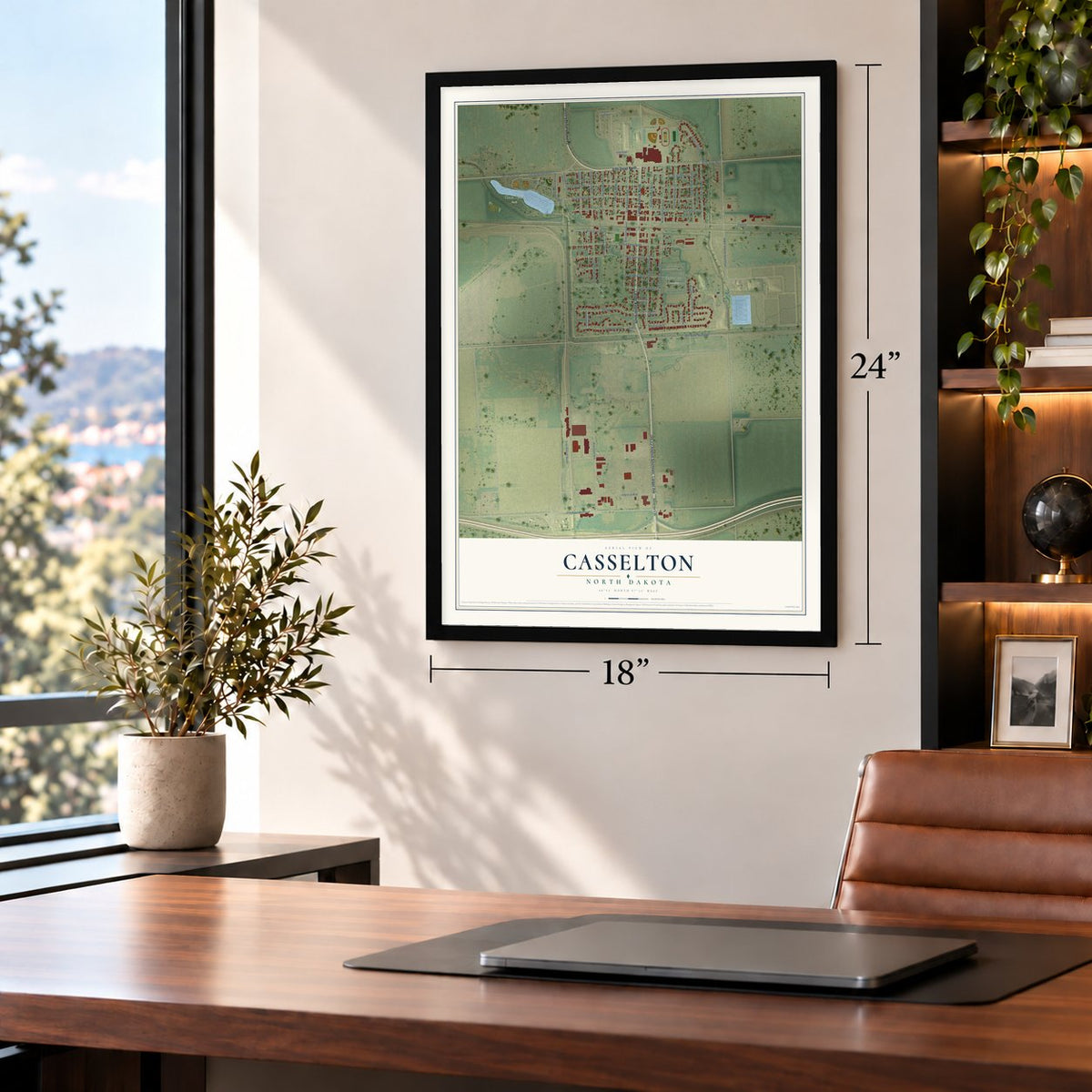 Casselton, North Dakota map, 18 x 24 inch print in a black frame in a home office