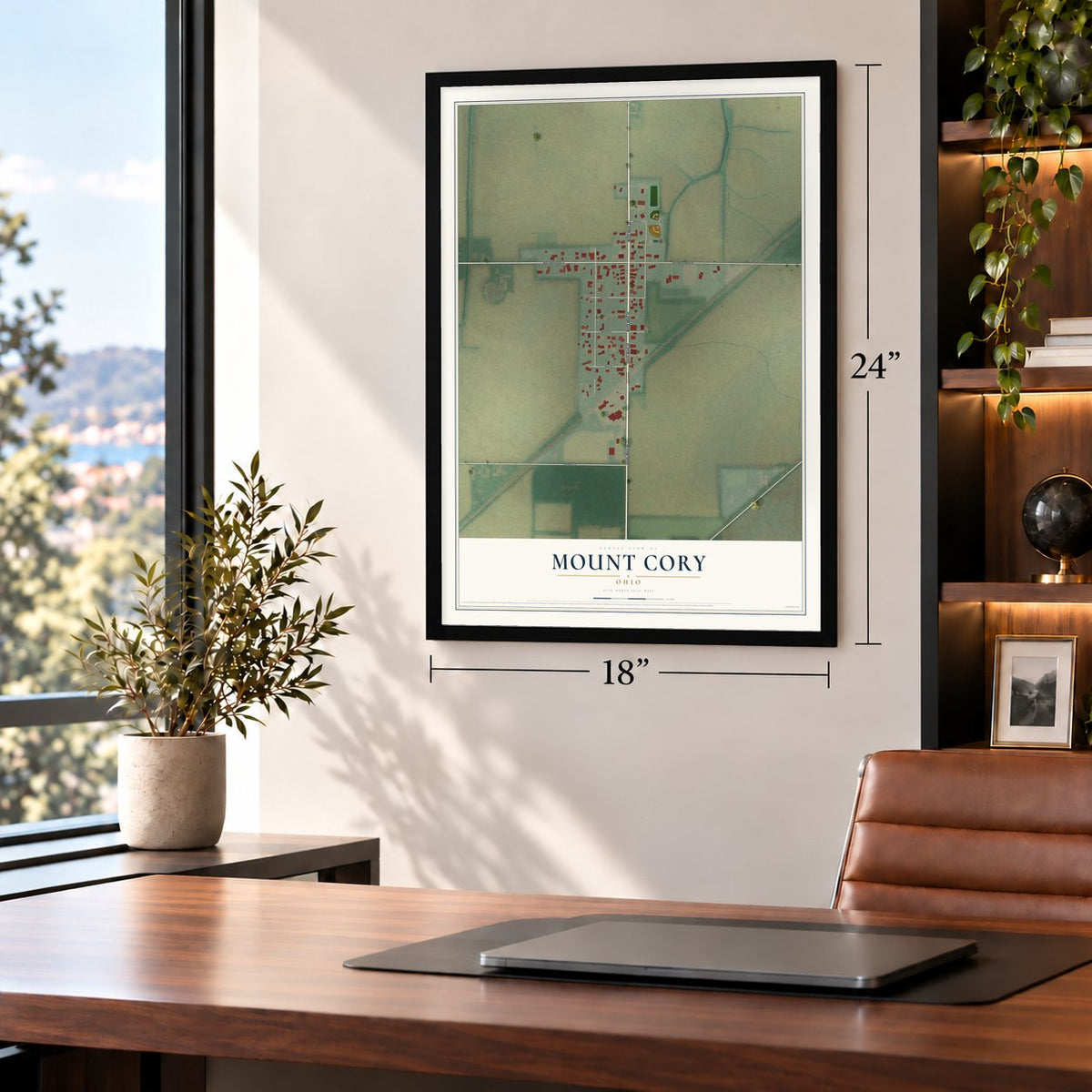 Mount Cory, Ohio map, 18 x 24 inch print in a black frame in a home office