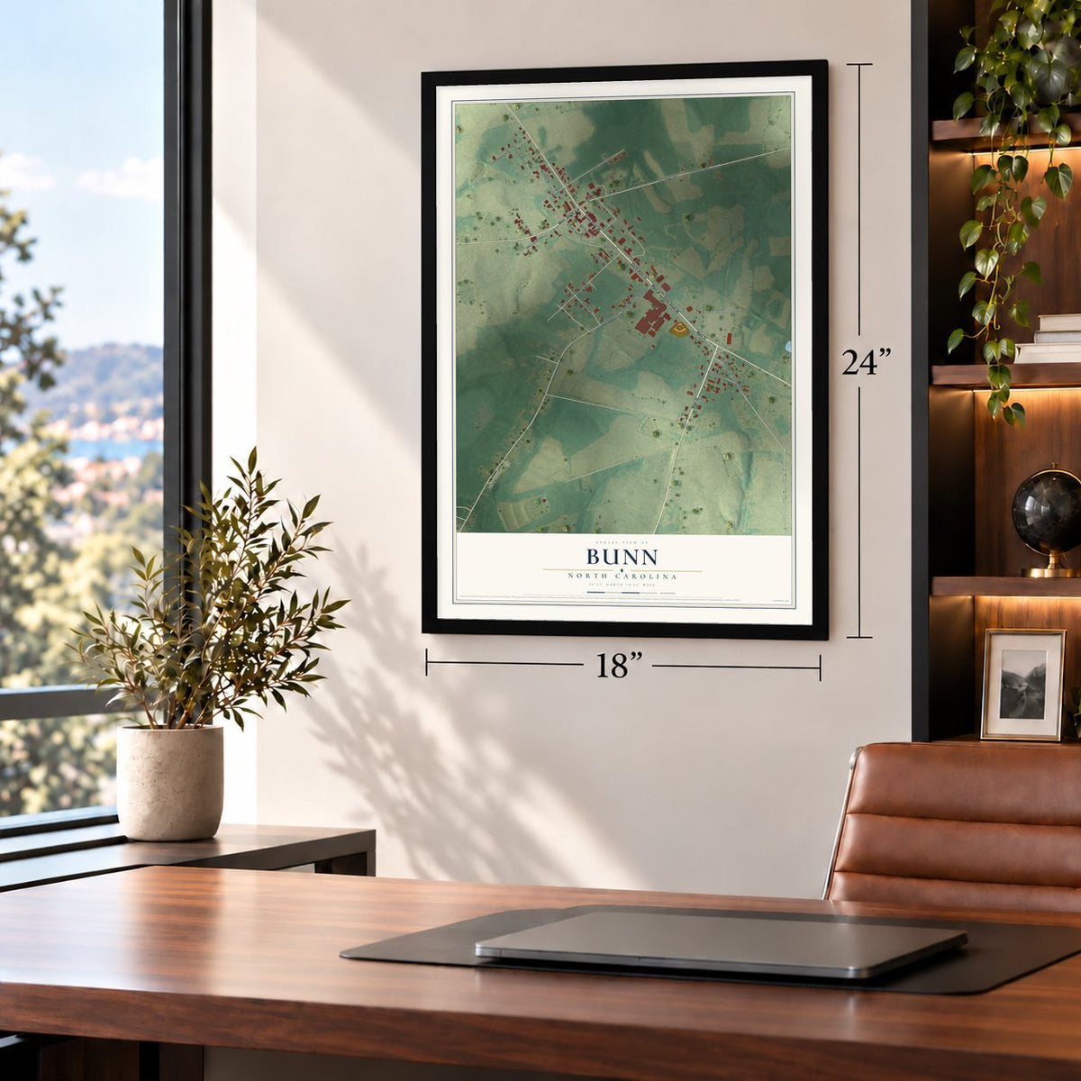Bunn, North Carolina map, 18 x 24 inch print in a black frame in a home office