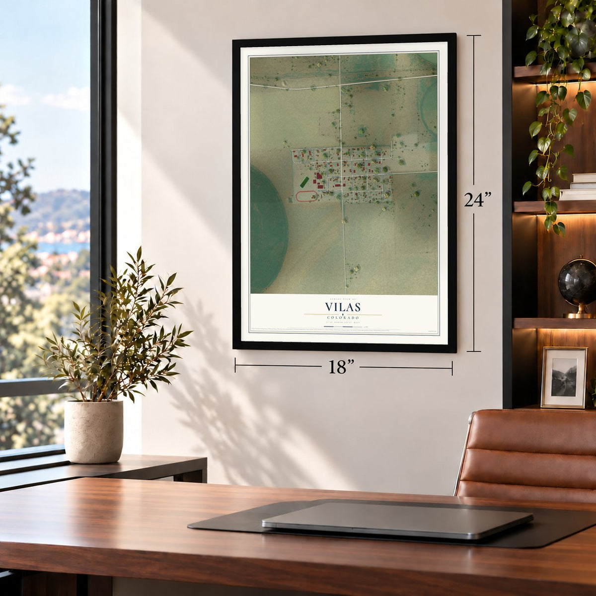 Vilas, Colorado map, 18 x 24 inch print in a black frame in a home office