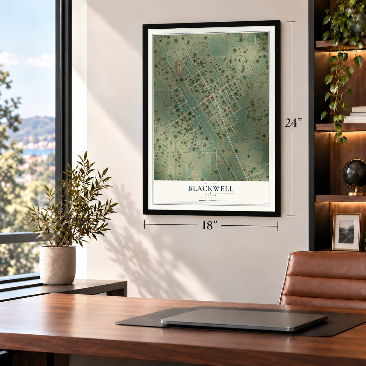Blackwell, Texas map, 18 x 24 inch print in a black frame in a home office