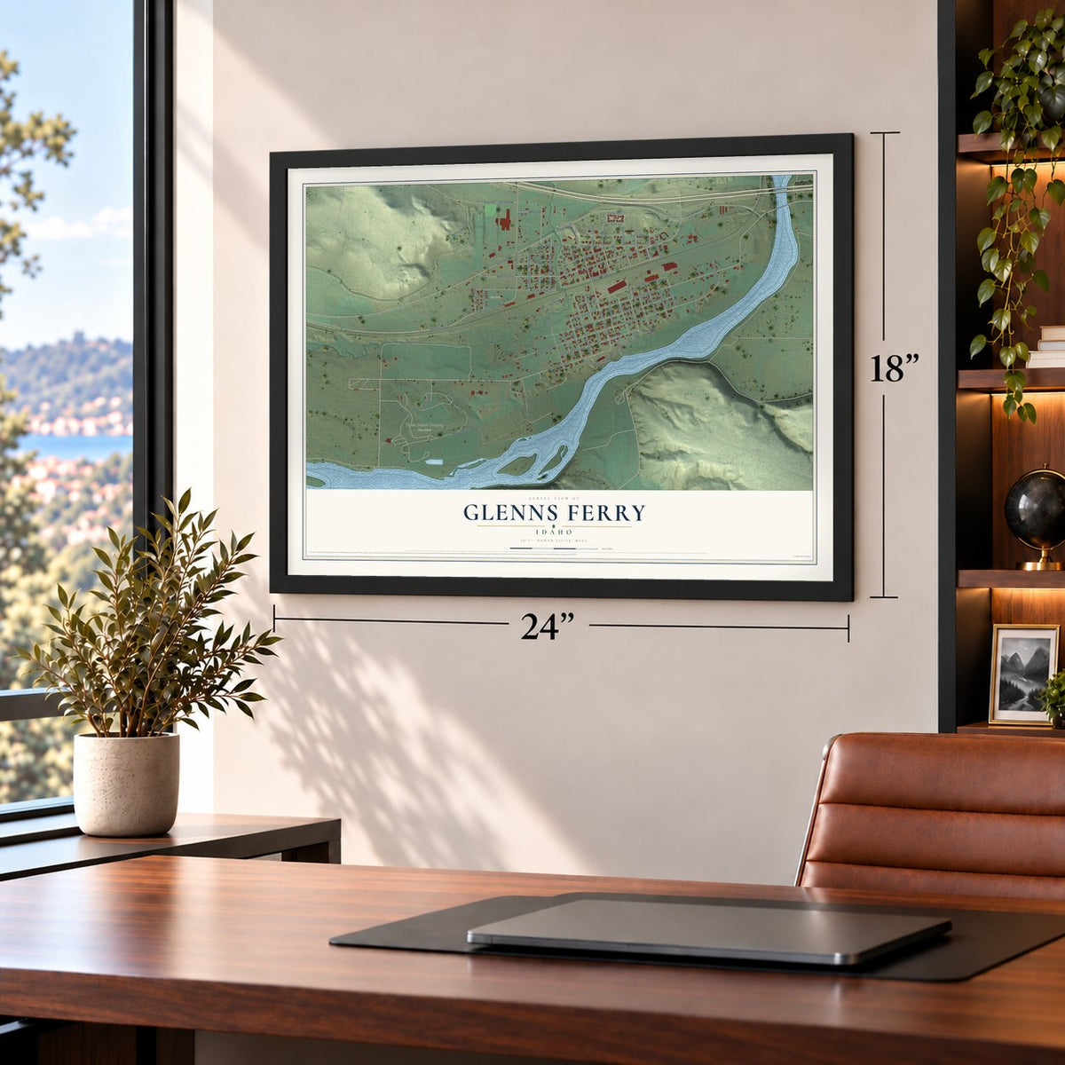 Glenns Ferry, Idaho map, 18 x 24 inch print in a black frame in a home office