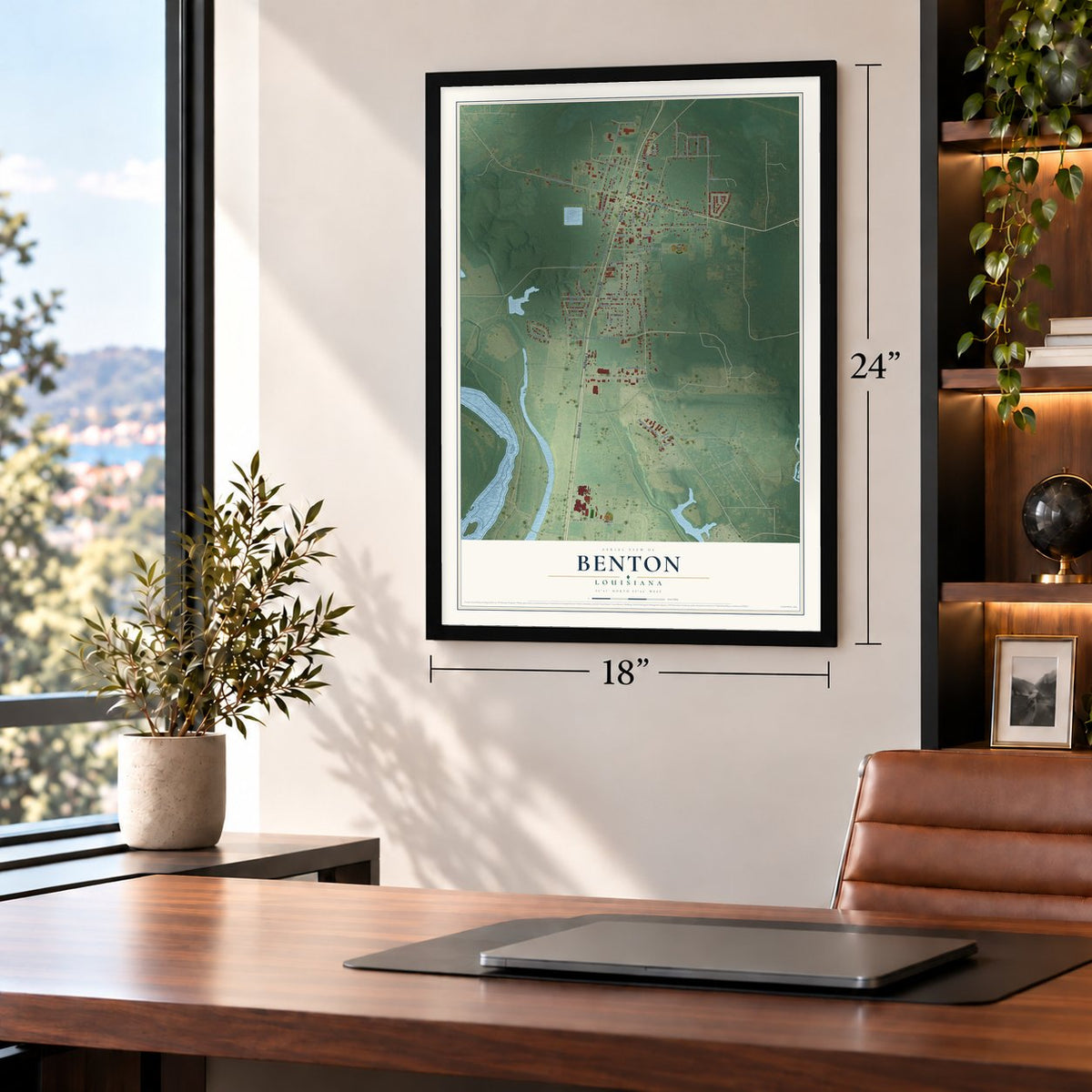 Benton, Louisiana map, 18 x 24 inch print in a black frame in a home office