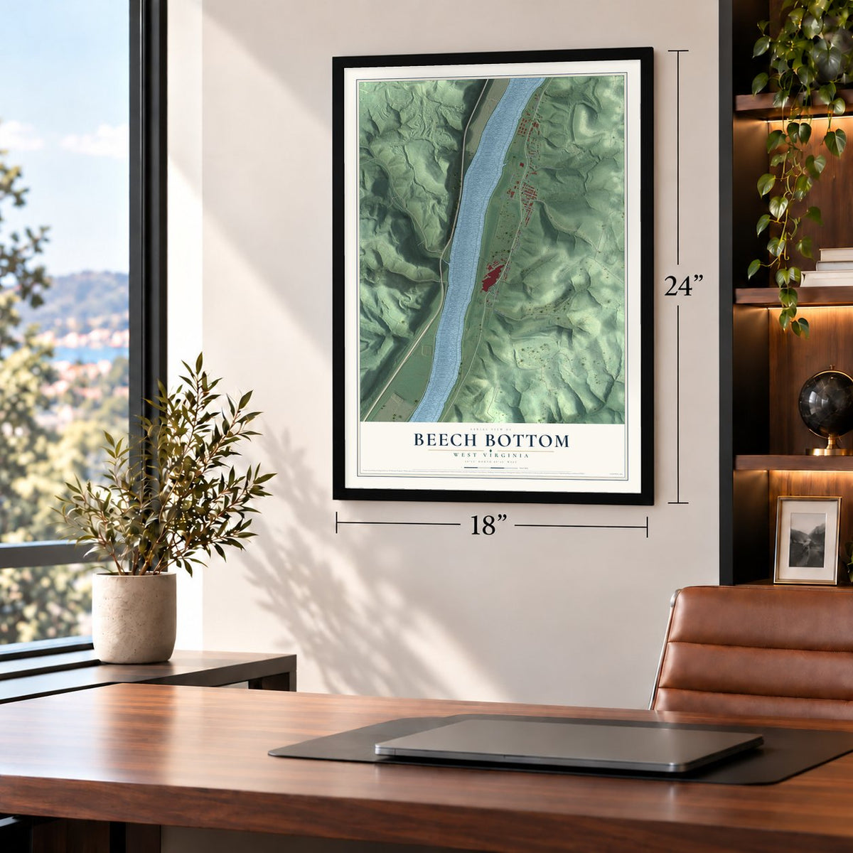 Beech Bottom, West Virginia map, 18 x 24 inch print in a black frame in a home office