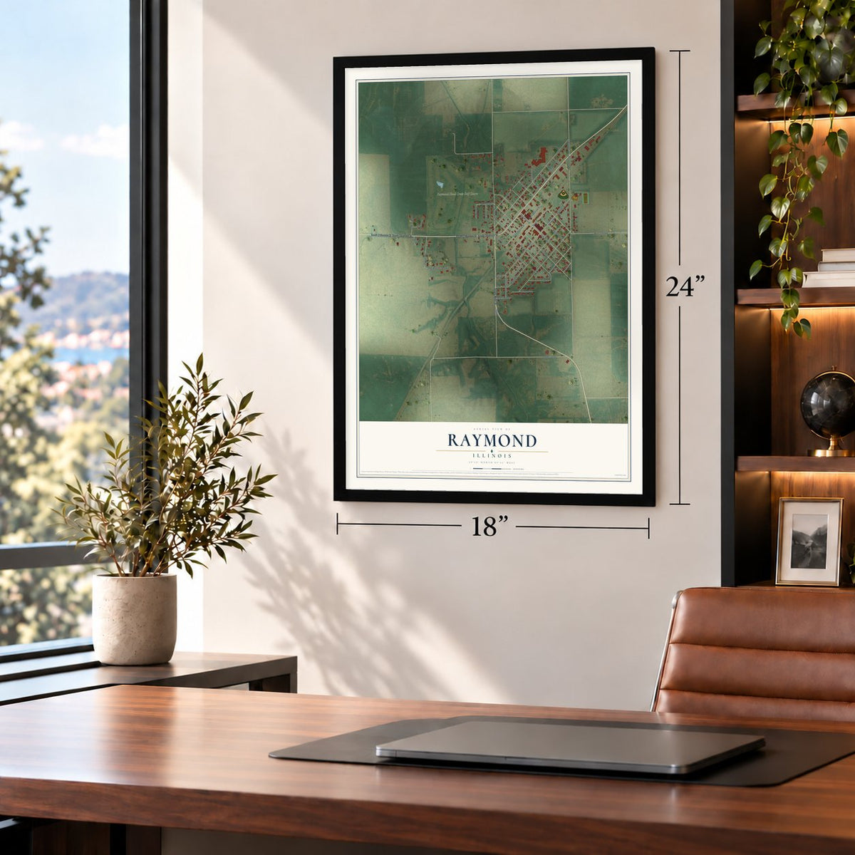 Raymond, Illinois map, 18 x 24 inch print in a black frame in a home office