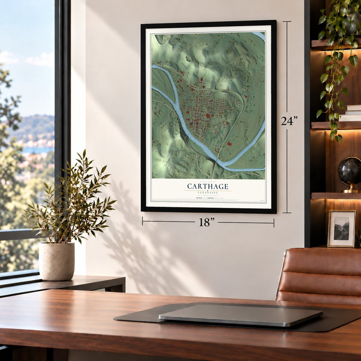 Carthage, Tennessee map, 18 x 24 inch print in a black frame in a home office